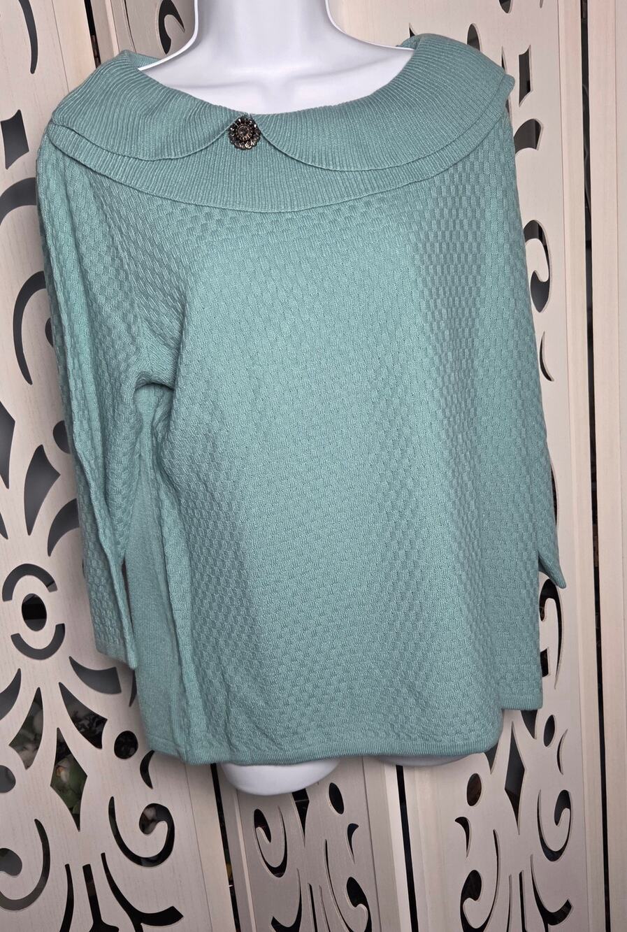 Napa Valley Raindrop Blue Textured Knit Sweater XL Button Collar Soft Top NWT